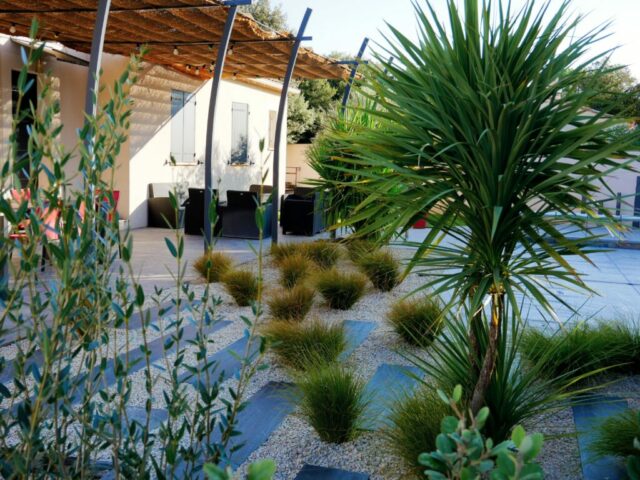 Dracaeana, graminées, dalles ardoise, jardin moderne